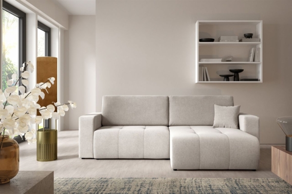 Ecksofa Sofa mit Schlaffunktion AUGUSTO in Stoff Wind Hellgrau Ottomane Rechts