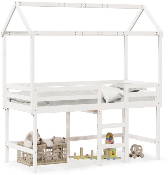 vidaXL Hochbett mit Leiter und Dach Weiß 80x200 cm Massivholz Kiefer 3282147