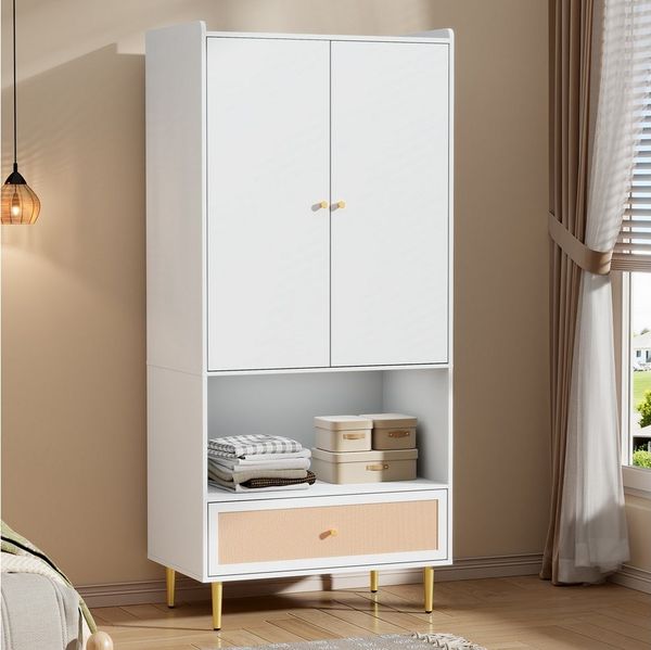 Merax Drehtürenschrank Kleiderschrank, Modern Garderobenschrank (1-St, mit Rattan-Schublade, Kleiderstange) 80 × 48 × 175 cm, Weiß