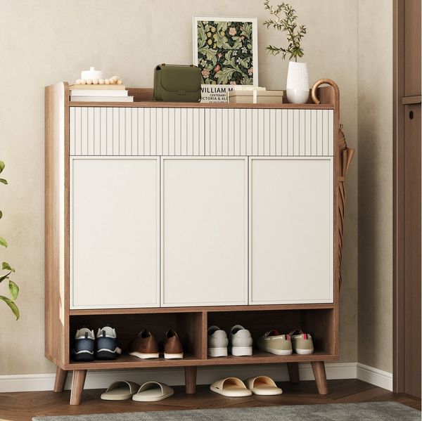 Merax Schuhschrank Sideboard mit 3 Türen, 2 Schubladen und Holzbeinen (1-St, Schuhkommode in Holz-Optik) Kommode ideal für Diele & Flur
