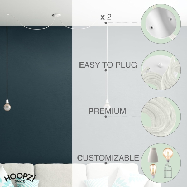 HOOPZI - Pendelleuchte - Hang 2 Flammig - 2,5m Textilkabel Seil - 2 X E27 Fassung - Vintage Retro weiß mit weißer Fassung Bild 3