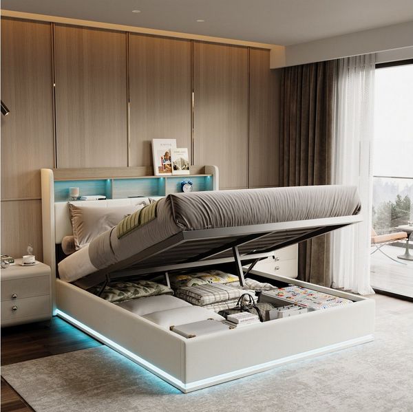 PXloue Polsterbett Doppelbett mit Stauraum (Funktionsbett), mit Kopfteil-Stauraum, LED-Beleuchtung, Samt, 140x200 cm