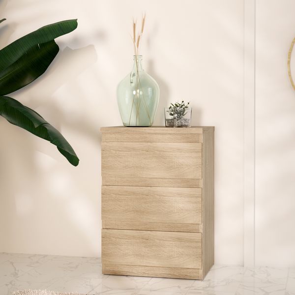 Forte EDMORE Kommode 40 45, moderner Nachttisch mit 3 Schubladen, Beistelltisch, Holzwerkstoff, Sonoma Eiche Holzdekor, 41,8 cm breit x 61,5 cm hoch x 32,2 cm tief