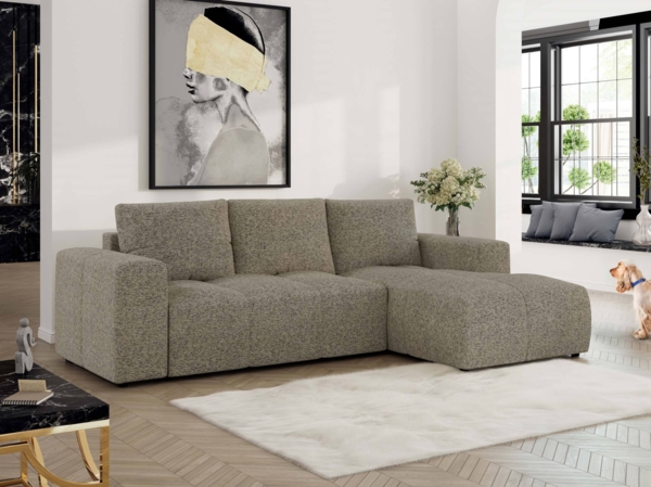 Ecksofa mit Schlaffunktion und Bettkasten, L-form Couch, lose Kissen, Polstersofa - MONIVA - Dunkelbeige Struktur - rechte Seite
