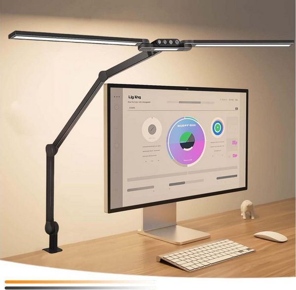 LMaxhome Schreibtischlampe LED Schreibtisch Klemmbar Doppelkopf 24W Auto Dimmbar Touch-Steuerung, 180° horizontale Einstellung, LED fest integriert, 5 Farbtemperatur und 5 Helligkeitsstufen, 1500 lm, 95CM Groß Leselampe Schreibtisch Klemmleuchte für Bü...