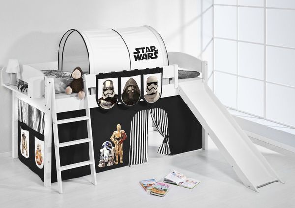 Lilokids 'Ida 4105' Spielbett 90x200 cm, Star Wars Schwarz, Kiefer massiv, mit Rutsche und Vorhang