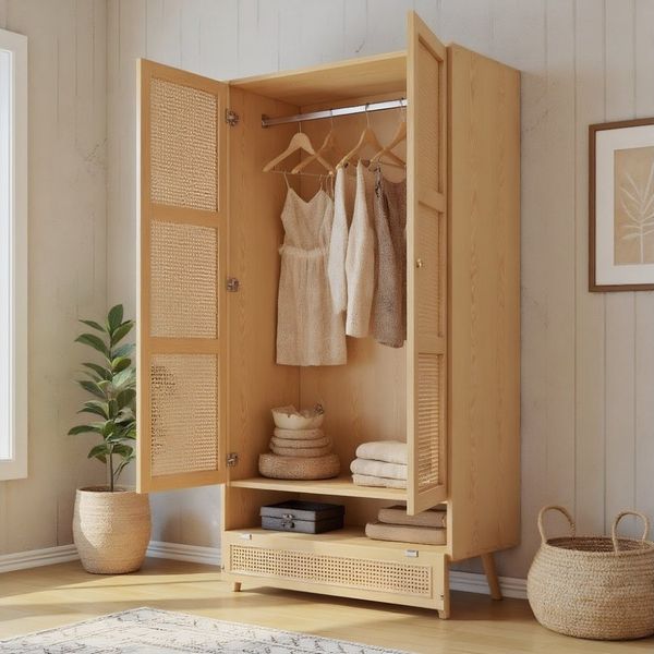 MODFU Kleiderschrank mit Stange, 2-türiger Schrank mit Flip-Top Deckel, Rattannetz Design (für Schlafzimmer und Wohnzimmer, Spanplatte + PE-Rattan)