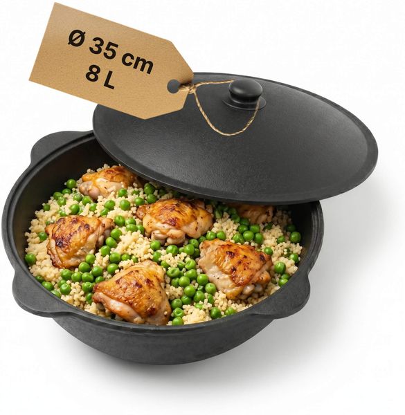 NAMANGAN Gusseisen Kasan 8L mit Aluminiumdeckel Kazan WOK Kessel Campingtopf Feuertopf BBQ Asia
