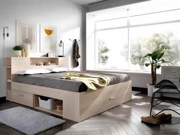 Vente-unique - LEANDRE Bett Holz, Platte Beige - B 149,6 cm x H 95 cm x L 218,5 cm