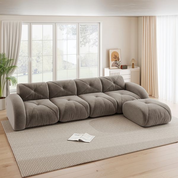 Modulares Sofa 76cm×358cm×171cm in Taupe – rahmenloses Ecksofa aus Chenille mit flexiblem Modulsystem