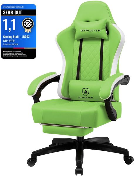 GTPLAYER Gaming Stuhl Ergonomischer Gaming Sessel Schreibtischstuhl Kunstleder, Federsitzkissen, Verbindungsarmlehnen und Fußstütze 150KG, grün