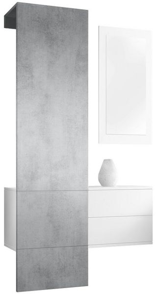 Vladon Garderobe Carlton Set 2, Garderobenset bestehend aus 1 Garderobenpaneel, 1 Schubkastenschrank und 1 Wandspiegel, Weiß matt/Beton Oxid Optik (105 x 193 x 35 cm)