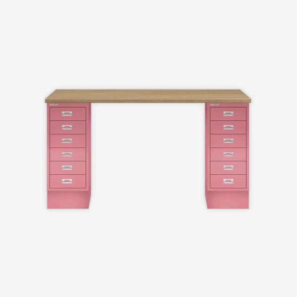 MultiDesk, 2 MultiDrawer mit 6 Schüben, Dekor natürliche Eiche, Farbe Pink, Maße: H 740 x B 1400 x T 600 mm