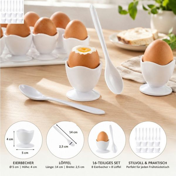 Koopman Eierbecher Kunststoff Weiß 16 tlg. Set, (16-tlg), Set, 8 Becher, Ø 5cm, 8 Löffel, Kunststoff