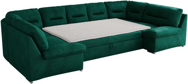 Ecksofa, Sofa big XXL, Wellenfedern, Wohnlandschaft XXL, mit Schlaffunktion - COMODO U - Dunkelgrün Velours - Topper T25 Bild 5