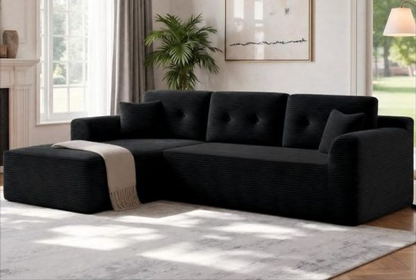 VASAGLE Ecksofa, modulares Sofa 242 cm breit, vakuumverpackt, Schlafsofa, keine Montage erforderlich, mit großer Chaiselongue links, für Wohnzimmer, Gästezimmer, rauchschwarz