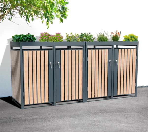 Westmann Metall Mülltonnenbox Planta | 4x240 L | Mülltonnenbox mit Pflanzdach | 84x264x124 cm