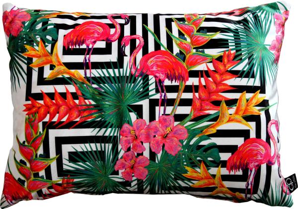 Casa Padrino Luxus Kissen Miami Flamingos & Flowers Mehrfarbig 35 x 55 cm - Feinster Samtstoff - Deko Wohnzimmer Kissen