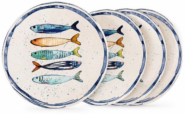 WestCraft Speiseteller Teller, mediterran mit Sardinen-Motiv, Maritime Dessertteller 20 cm, (4 St), 4er Set, hochwertig und robust - langlebig und vielseitig einsetzbar