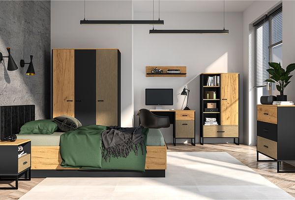 Jugendzimmer Set 7-teilig CASPER-131, Bett 120x200cm mit aufklappbarem Lattenrost, in schwarz und braun
