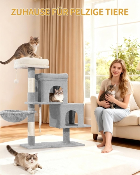 Kratzbaum, 95 cm Kleiner Katzenbaum, Geräumiges und Stabile, Verstellbare Basis, mit Weiche Große Plattform, Plüschbälle, Höhlen, Kratzsäulen, Katzenkorb, Sisalseil, Hellgrau