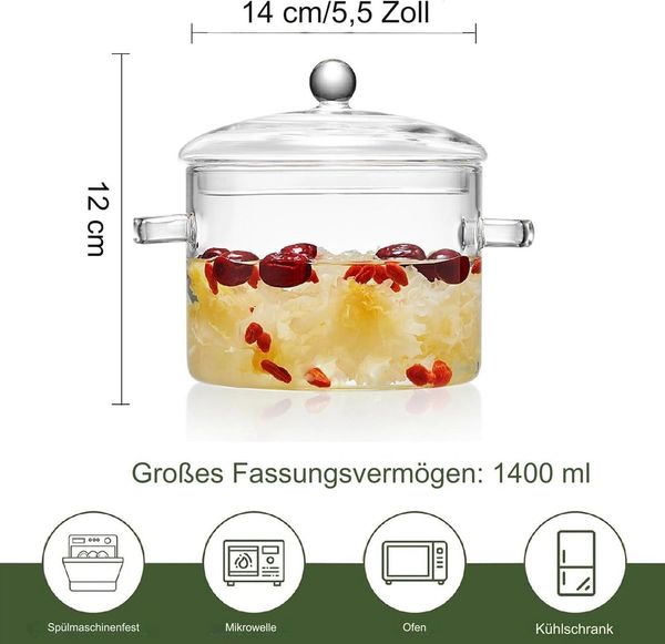 FELIXLEO Suppentopf Glas Kochtopf,mit doppeltem Griff und Deckel,Beheizbare 1500ML, (1-tlg)