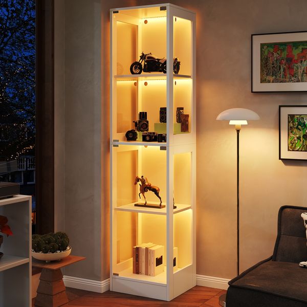 Flieks LED Vitrinenschrank 40×35×170 cm, Glasvitrine weiß, Sammlungsvitrine mit App-Steuerung, 4 Ebenen, Push-to-Open Tür, modern