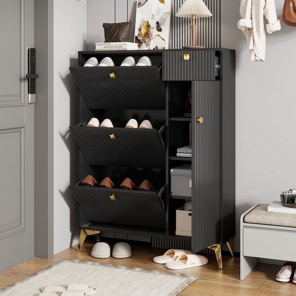 Flieks Schuhschrank Schuhkommode mit 3 Klappen, 1 Schublade und 1 Tür (H121xB90xT25 cm, 1-St, ca 16 Paar Schuhe) Schuhregal Schuhkipper mit verstellbarer Einlegeböden Schwarz