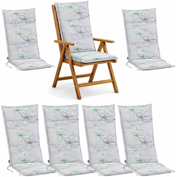BURI 6x Auflagen Set Hochlehner für Gartenstühle 120x48x7cm Sesselauflagen Polster UV Lichtecht - Gartenstuhlauflagen Blumen Muster Stuhlkissen mit Dicker Schaumstoff Füllung (Grau)