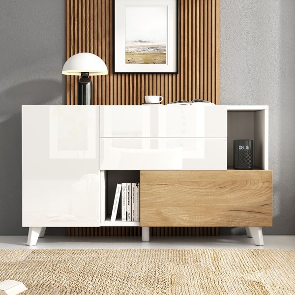 Sideboard, 130x40x70 cm, weißes Hochglanz Sideboard mit Holzoptik, grifflos, 2 Schubladen & Klapptür