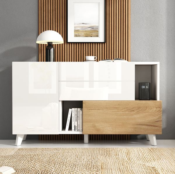 Sideboard, 130x40x70 cm, weißes Hochglanz Sideboard mit Holzoptik, grifflos, 2 Schubladen & Klapptür