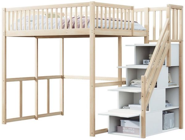 Odikalo Hochbett Hochbett mit Stauraum & Treppe, Weißes Holzbett aus Massiver Kiefer (Hochbett 140x200 / 90x200 cm mit Sicherheitsaufbewahrungsleiter, Sicherheitsumrandung, Bettgestell aus massiver Kiefer, Geeignet für Kinder, Jugendliche und Erwachsen...