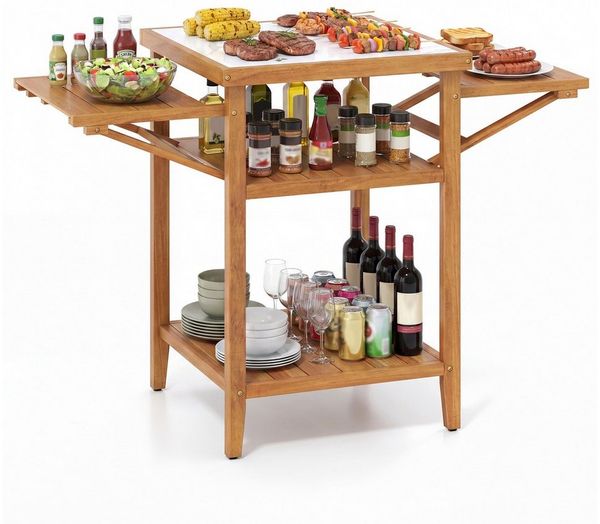 KOMFOTTEU Gartentisch, Grilltisch mit klappbaren Seitenablage & 2 offene Ablagen