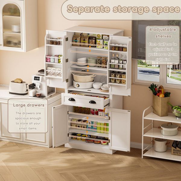 MODFU Hochschrank Multifunktionales,Sideboard (182 cm Hochschrank mit 4 Türen & 1 Schublade – Viel Stauraum mit flexibler Einteilung – Modernes Design für Küche, Esszimmer & Wohnzimmer)