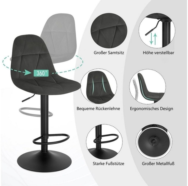 EUGAD Barhocker (1 St), drehhocker mit Rückenlehne höhenverstellbar Samtbezug Bild 3