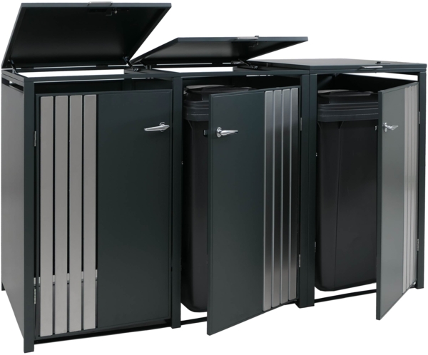 3er-Mülltonnenverkleidung HWC-O67, Mülltonnenbox mit Deckel, Metall 122x200x84cm 83kg ~ anthrazit Edelstahl