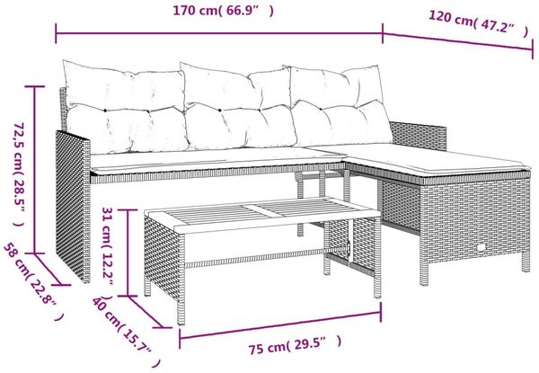 vidaXL Gartensofa in L-Form mit Tisch und Kissen Schwarz Poly Rattan 365581 Bild 10
