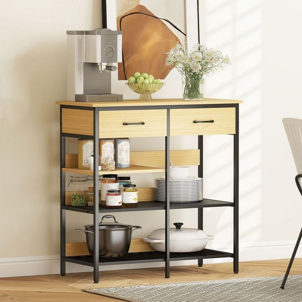 HOMCOM Sideboard, Kommode mit 2 Schubladen, 3 offenen Regalen, Küchenschrank Buffetschrank Aufbewahrungsschrank für Küche, Wohnzimmer, Esszimmer, 90 x 40 x 91 cm, Naturholz