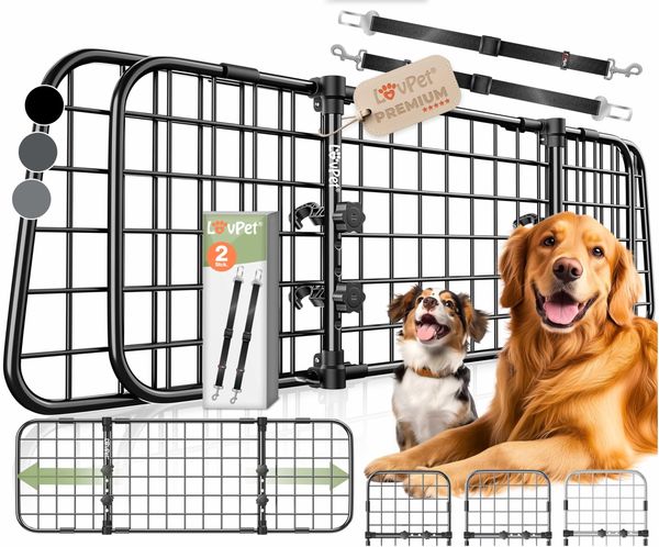 LovPet® Hundegitter Auto, Autoschutzgitter Trenngitter Universal, verstellbare Breite, Kopfstütze Kofferraum Autogitter Maße HxB 30 x 92-152 cm Kofferraumgitter,+ 2x Sicherheitsgurt für Hunde Schwarz