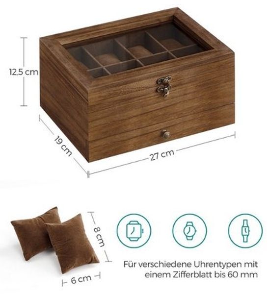 SONGMICS Uhrenbox mit 8 Fächern, Uhrenkasten aus Massivholz, mit Glasdeckel, Uhrenkissen, Schmuckaufbewahrung, Geschenk für Ihre Liebsten, walnussfarben JOW008K01 Bild 5