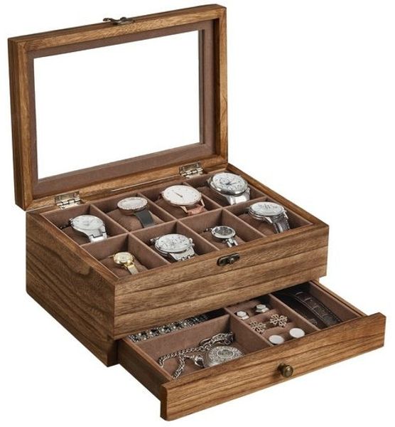 SONGMICS Uhrenbox mit 8 Fächern, Uhrenkasten aus Massivholz, mit Glasdeckel, Uhrenkissen, Schmuckaufbewahrung, Geschenk für Ihre Liebsten, walnussfarben JOW008K01