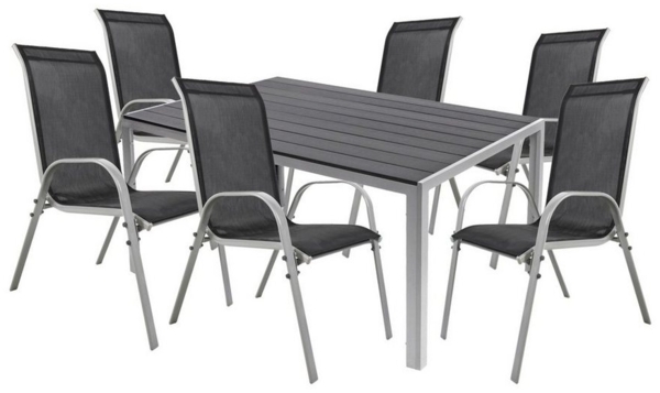 7tlg Gartenmöbel Set Alu silber Non-Wood 180x90cm + 6 Stapelstühlen