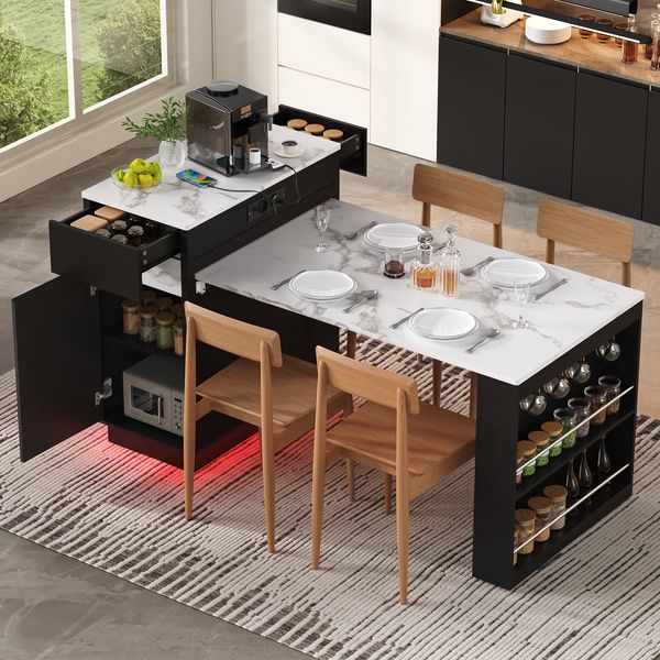 Merax Kücheninsel mit Rollen, Ausziehbarer Esstisch mit LED-Beleuchtung, Küchentisch mit Steckdosenleisten und Haken, dient als Kücheninsel, Anrichte oder Bartisch (Schwarz)