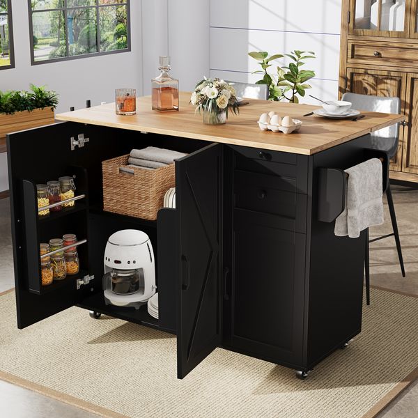 Moderne Kücheninsel, Küchenschrank, buffetschrank, Speisewagen mit Holzmaserung, buffetschrank, Multifunktionale Esstisch mit Speicherraum, Speisewagen mit Snackregalen, schwarz