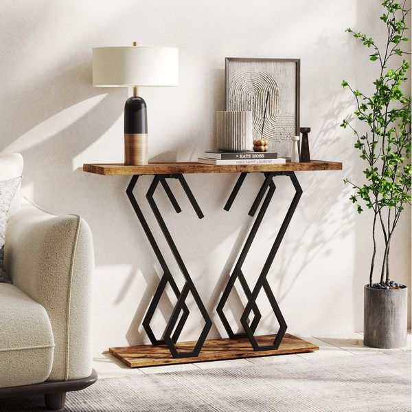 COSTWAY Konsolentisch, Marmor schmal, Metallrahmen in Schmetterlingsform Gold