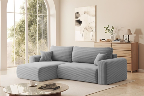 Ecksofa Schlafsofa FLORA Stoff Poso Hellgrau Ottomane Links