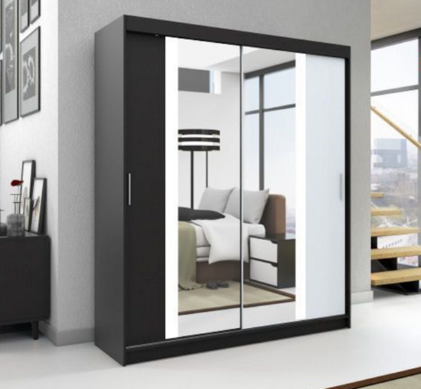 Schwebetürenschrank BRUNI 2-türig Schrank 120 cm (mit Spiegel) Farbe: Schwarz , weiß