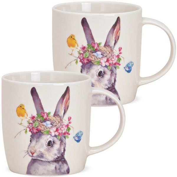 matches21 HOME & HOBBY Tasse Kaffeetassen 2er Set Ostern Frühling gemalte Oster-Hasen Eier, 2-tlg, Porzellan, Tee, Kaffee-Becher, klassisch, weiss bunt, 350 ml