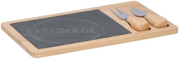 Alpina - Käseservierset - Käsebrett + Messer und Gabel 28,5 x 17 cm aus Bambus und Schiefer