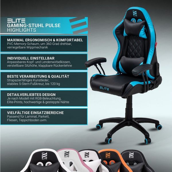 ELITE Gaming Gaming-Stuhl PULSE für Kinder - Bürostuhl (Gamingstuhl, Gaming Chair, Computerstuhl, Racingstuhl, Zockerstuhl, Schreibtischstuhl, 1 St), höhenverstellbar, wasserabweisend, Kopf- und Lendenwirbelkissen